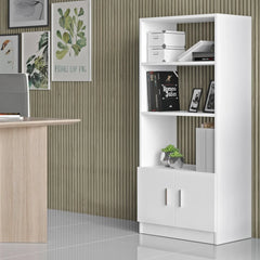 Modern office setup with a desk, chair, and white bookshelf against a striped wall.