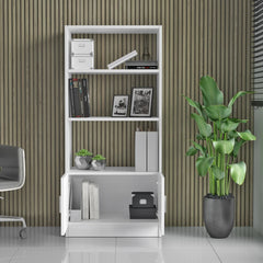 White bookshelf with books, plants, and office items against a striped wall.