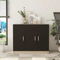Black cabinet with decorative items in a room with a window and chair.