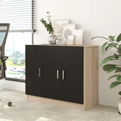 Black and oak storage cabinet in an office setting with decor items on top.