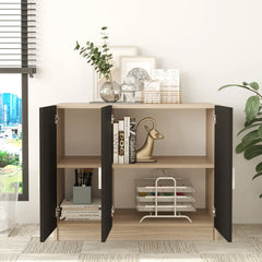 Wooden bookshelf with black doors in a room with plants and a window.