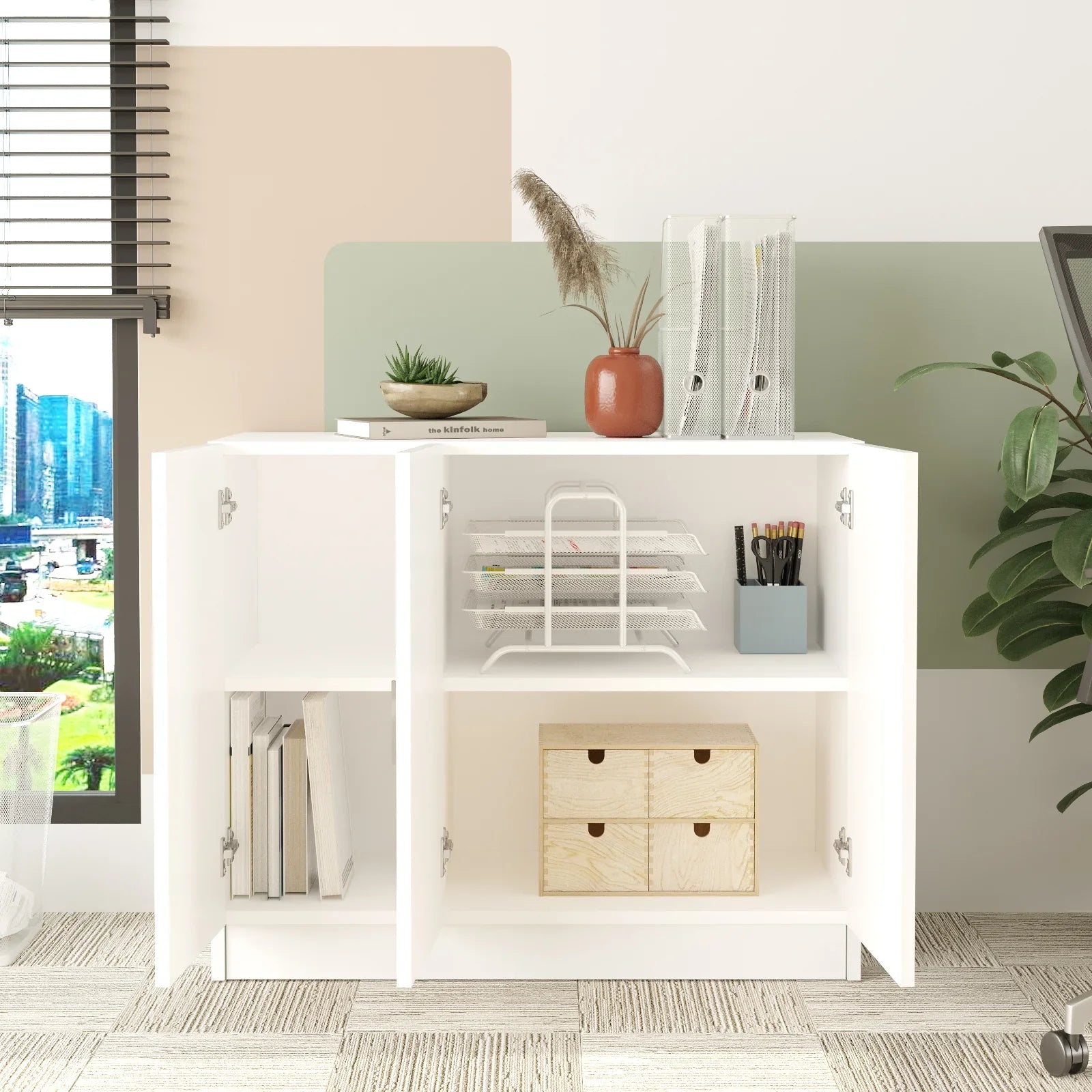 White office cabinet with shelves and drawers in a room with plants and a cityscape view.