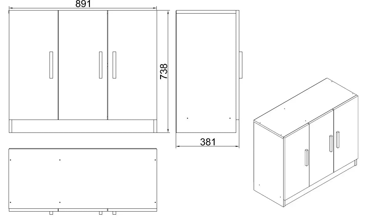 Technical drawing of a cabinet with dimensions on a white background