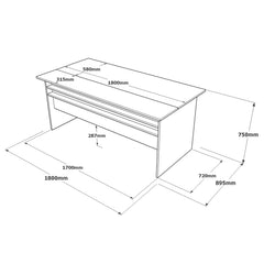 Measurement diagram of a rectangular desk with dimensions labeled.