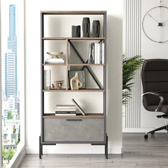 Bookshelf with decorative items in a modern office setting