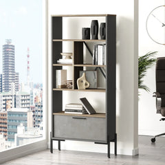Tall bookshelf with decorative items in a modern office setting
