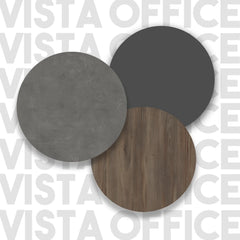 Three circular samples of different wood finishes on a white background with 'Vista Office' branding.