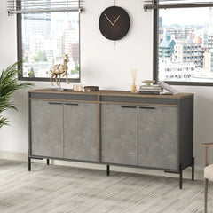 Modern sideboard with gray doors and wooden top in a room with large windows.