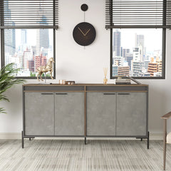Modern interior with a gray sideboard, decorative items, and cityscape view.