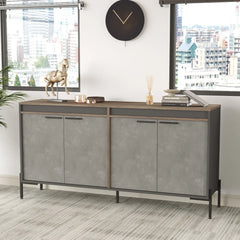 Modern office interior with a sideboard, chair, and bookshelf.