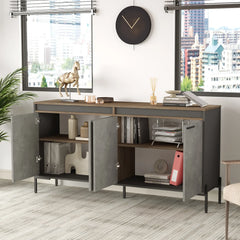 Modern office cabinet with open doors in a room with large windows and cityscape view.