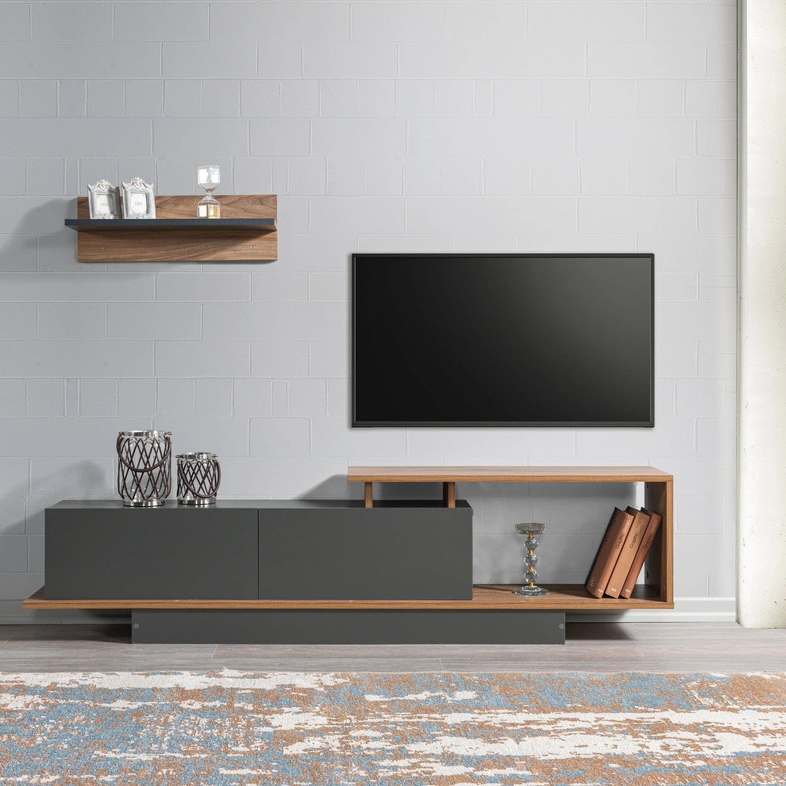 AshLine ash grey TV unit with wall shelf in a modern living room