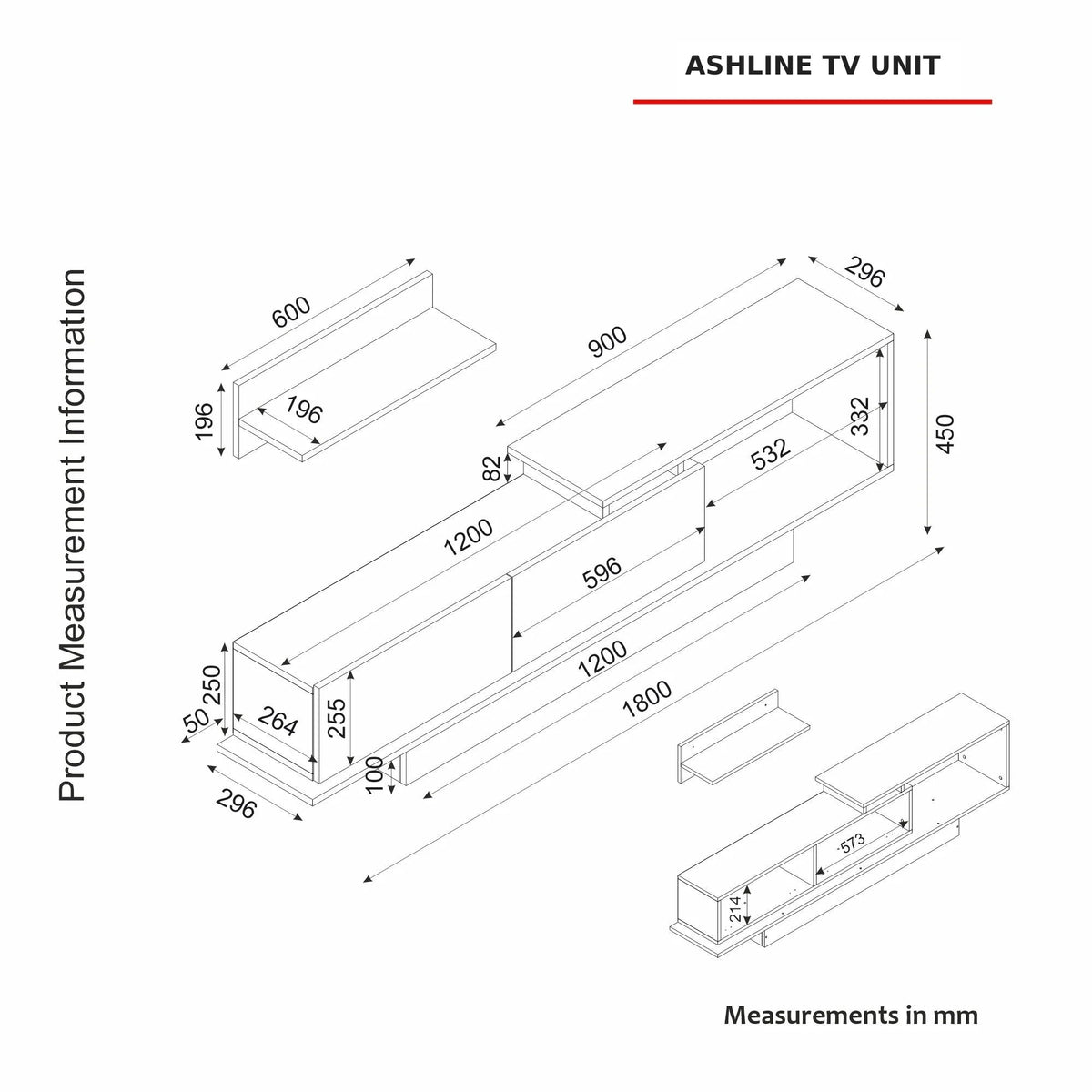 Detailed measurements of the AshLine TV unit and wall shelf