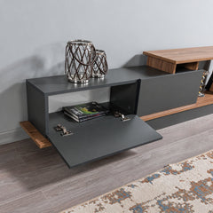AshLine TV unit with drop-down storage door and internal shelf