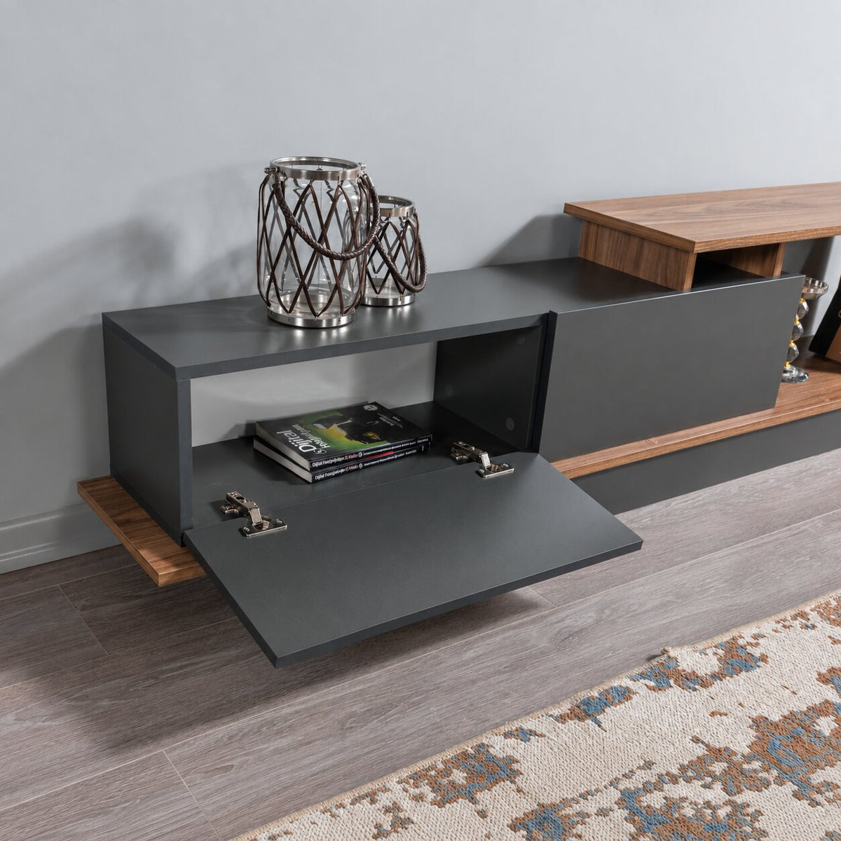 AshLine TV unit with drop-down storage door and internal shelf