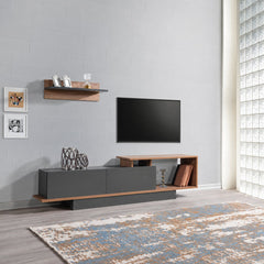 AshLine grey and wood TV unit with wall shelf in a modern living room