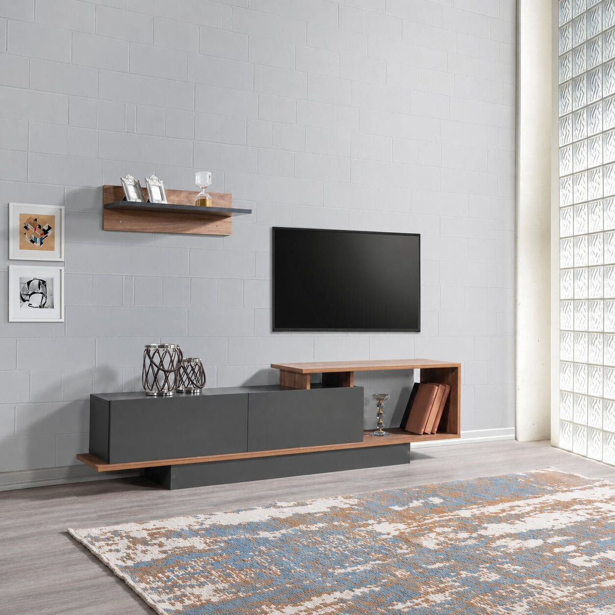 AshLine grey and wood TV unit with wall shelf in a modern living room