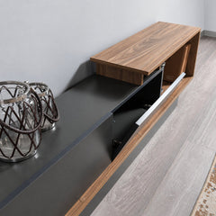 AshLine TV unit with open storage compartment and wood detailing