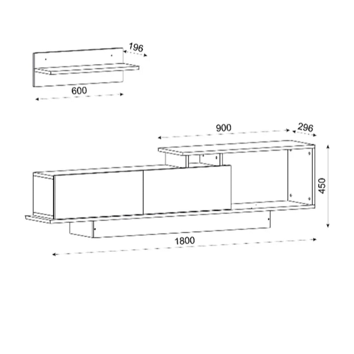 Overall dimensions of the AshLine TV unit and matching wall shelf