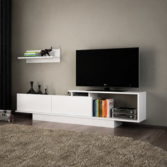 Asos white TV unit with closed storage and wall shelf in a living room