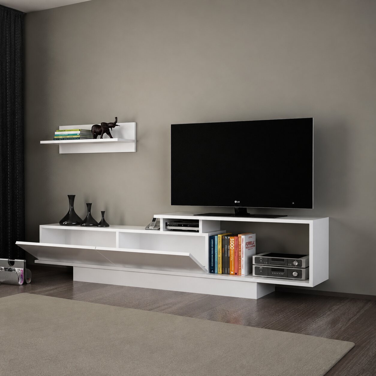 Asos white TV unit with open drop-down storage and wall shelf