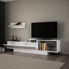 Asos white TV unit with open drop-down storage and wall shelf