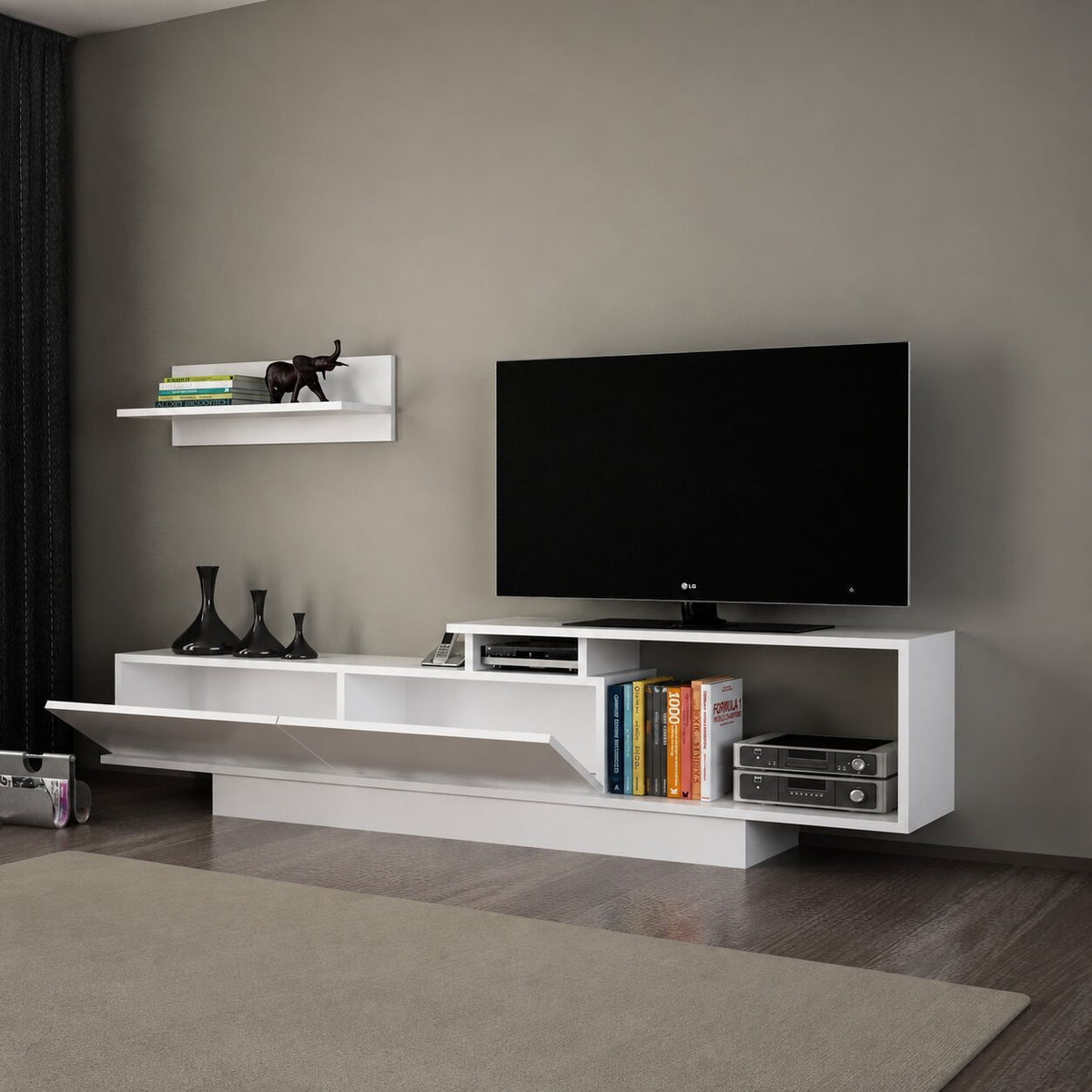 Asos white TV unit with open drop-down storage and wall shelf