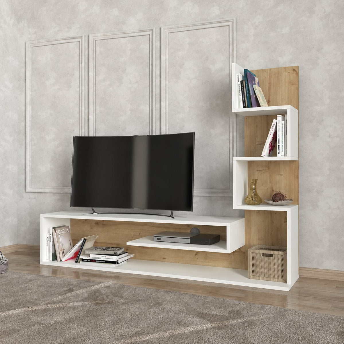 Blanco white and oak TV unit shown from an alternate living room angle