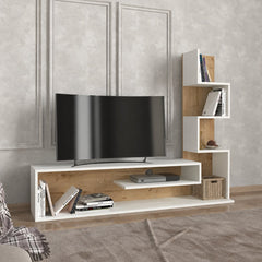 Angled view of the Blanco white and oak TV unit in a modern living room