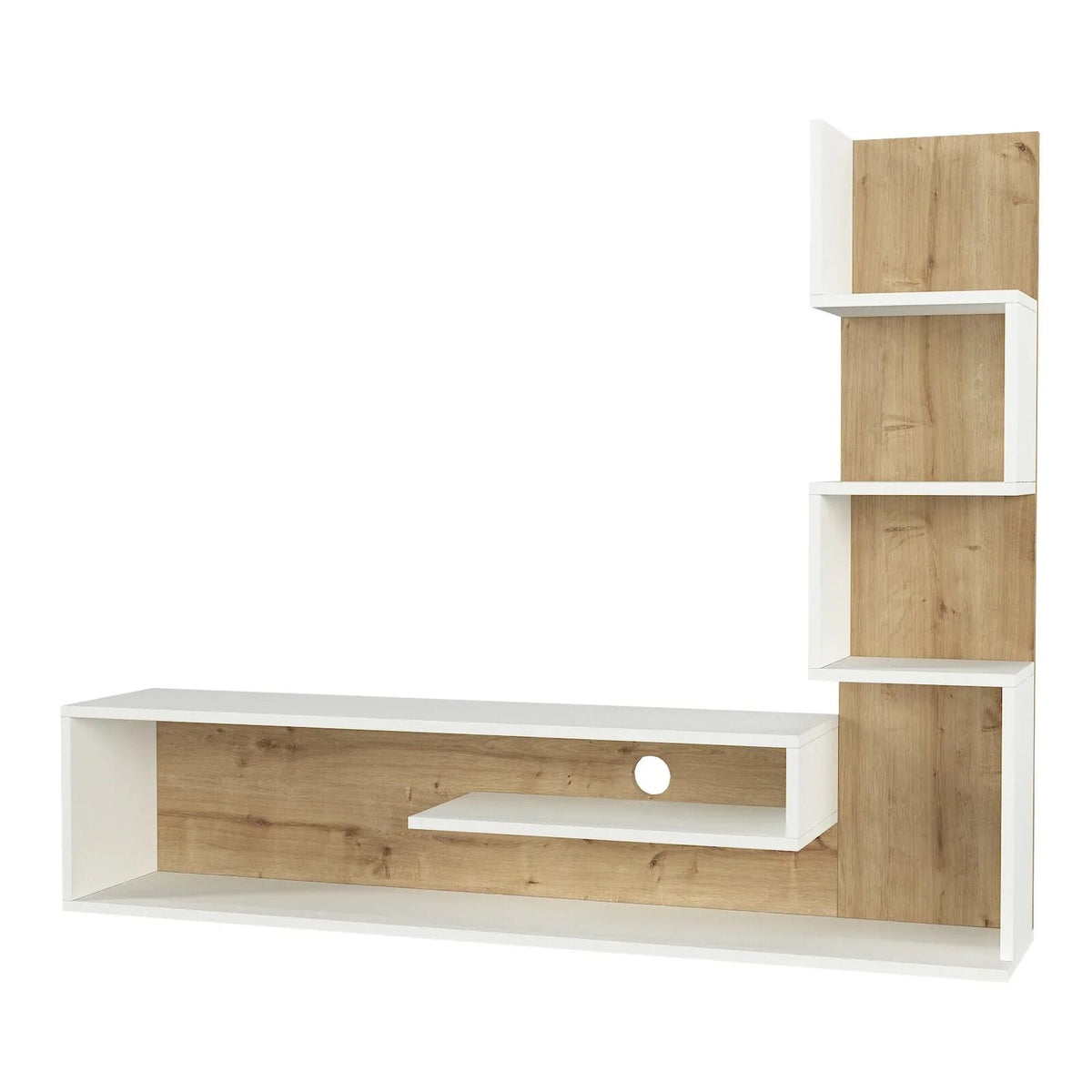 Blanco white and oak TV unit angled product view