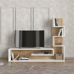 Blanco white and oak TV unit with television in a modern living room
