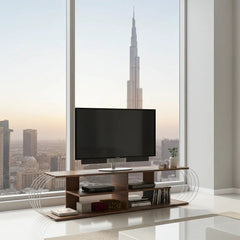 Case TV Unit in a bright skyline-window interior