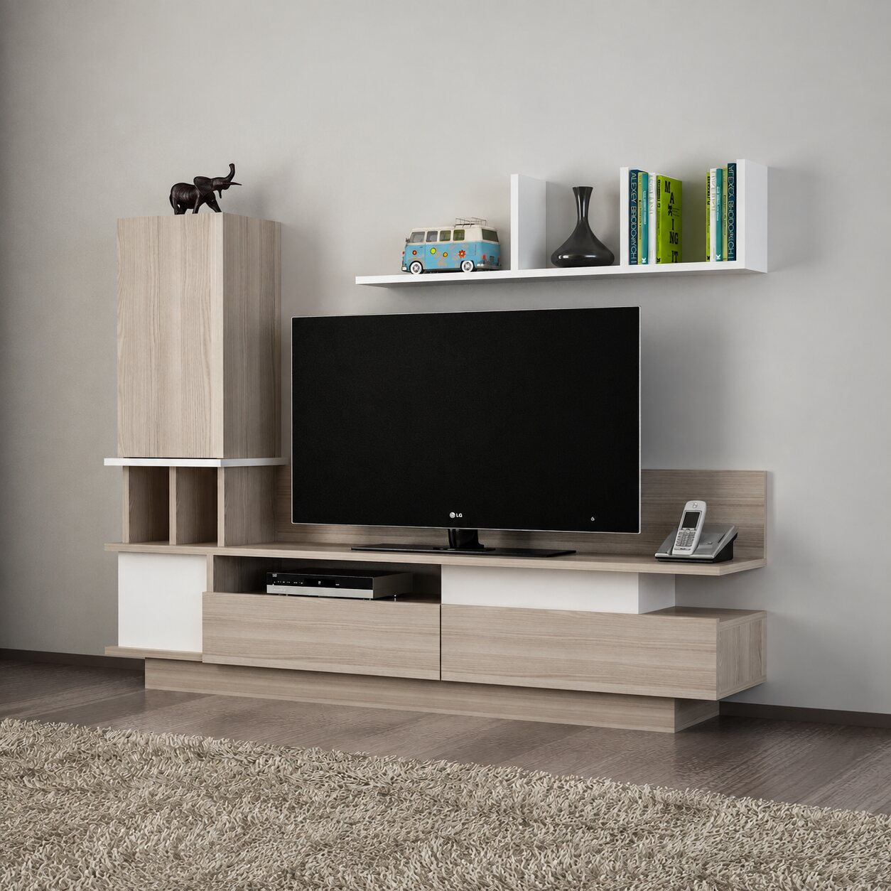 Como white and light wood TV unit with closed storage in a living room