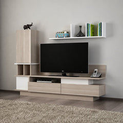 Como white and light wood TV unit with closed storage in a living room