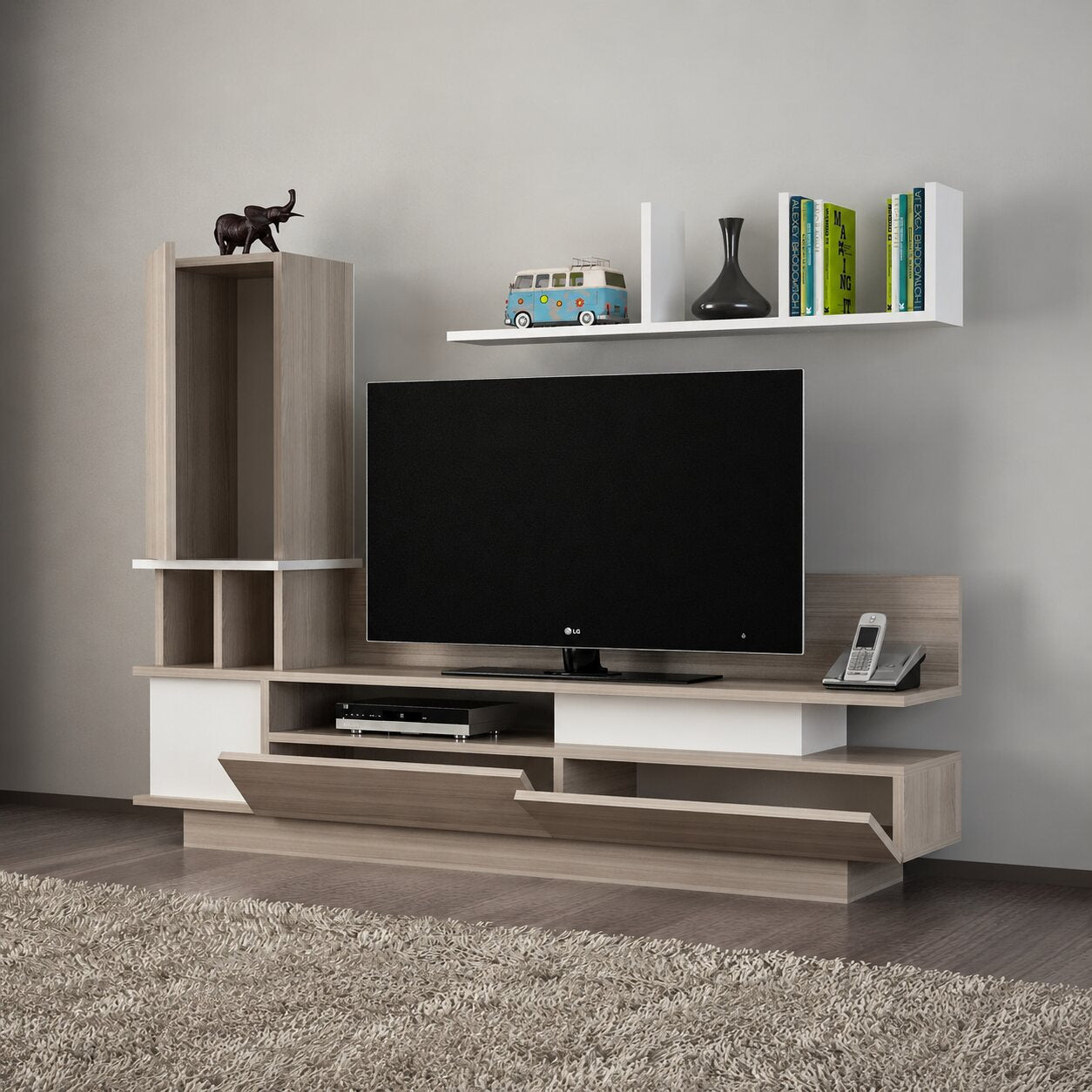 Como white and light wood TV unit with open storage compartments