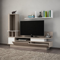 Como white and light wood TV unit with open storage compartments