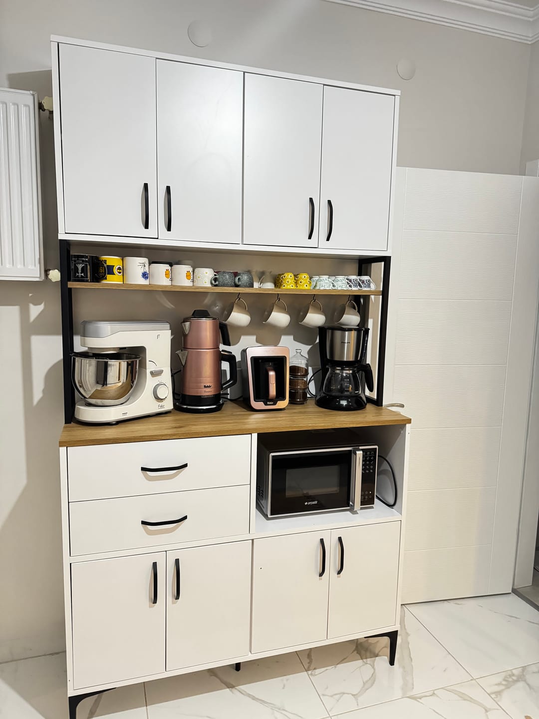 Home Canvas Multi-Function Kitchen Pantry Cabinet with Countertop, Cup Hooks, Drawers & Adjustable Shelves,  White - S-Walnut