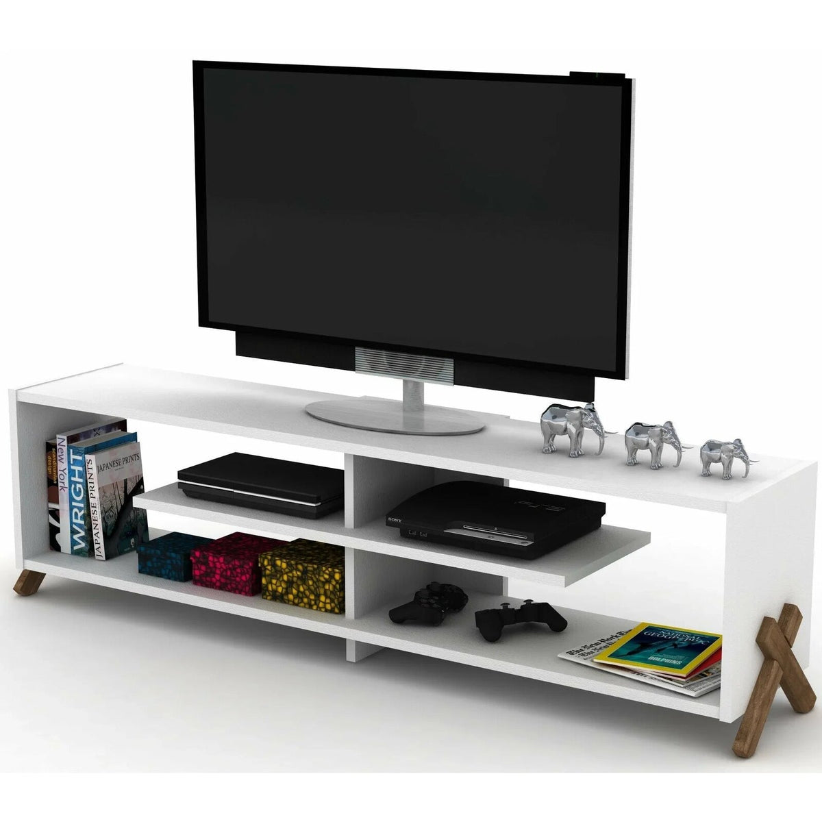 Kipp TV Unit in white and walnut, angled styled view