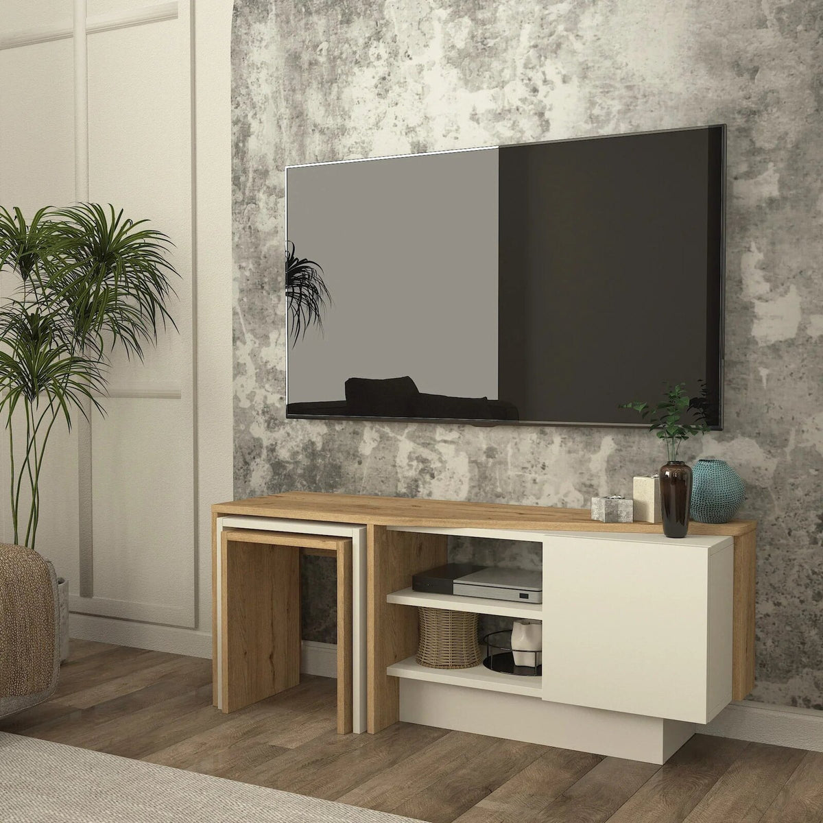 Rodega TV Stand with compact nested table arrangement
