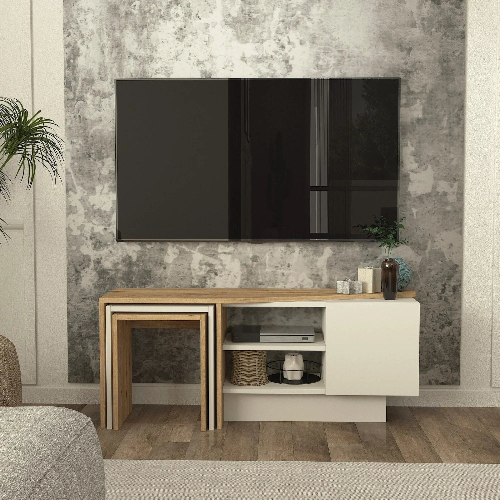 Rodega TV Stand with nested table in a modern interior