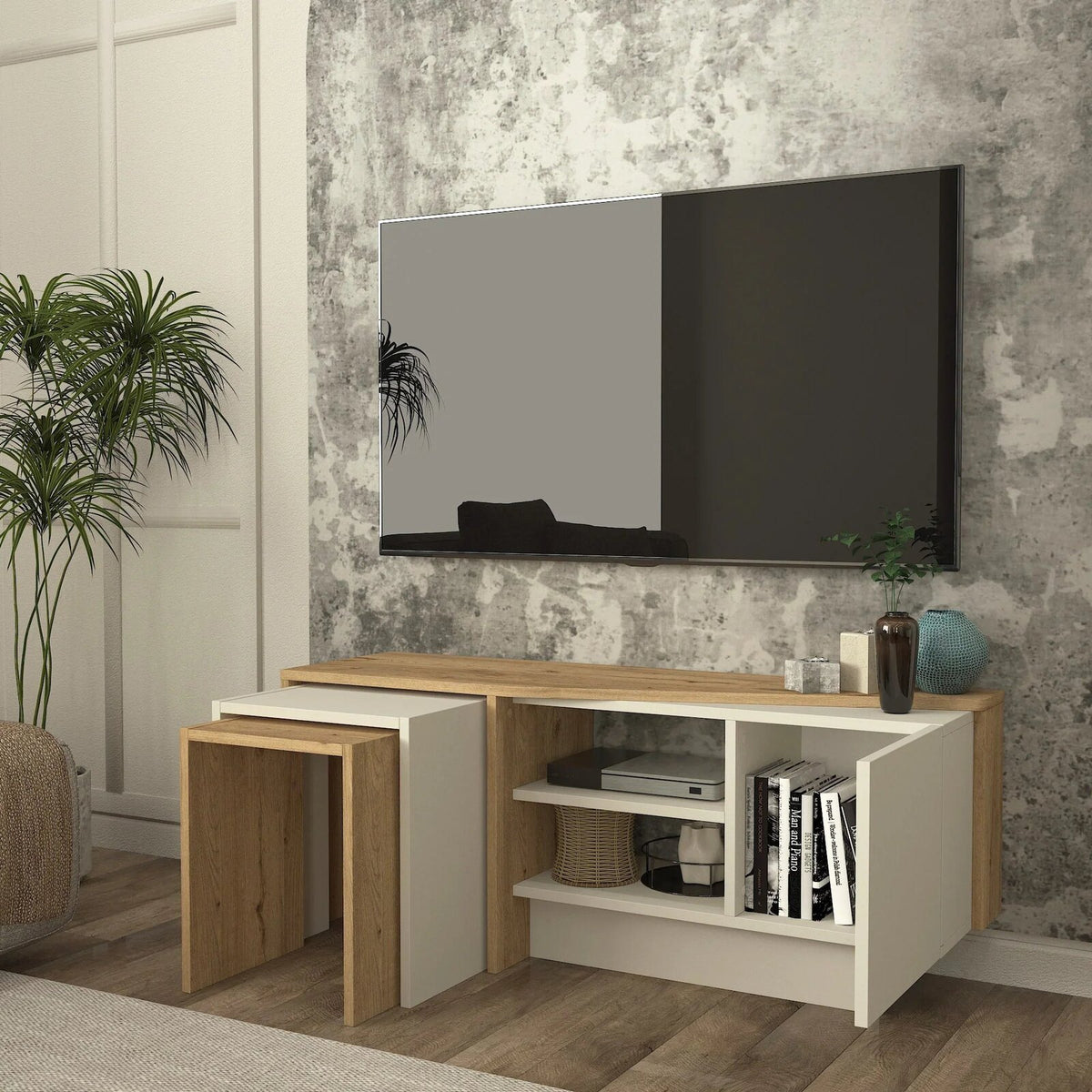 Rodega TV Stand with open storage in a modern interior