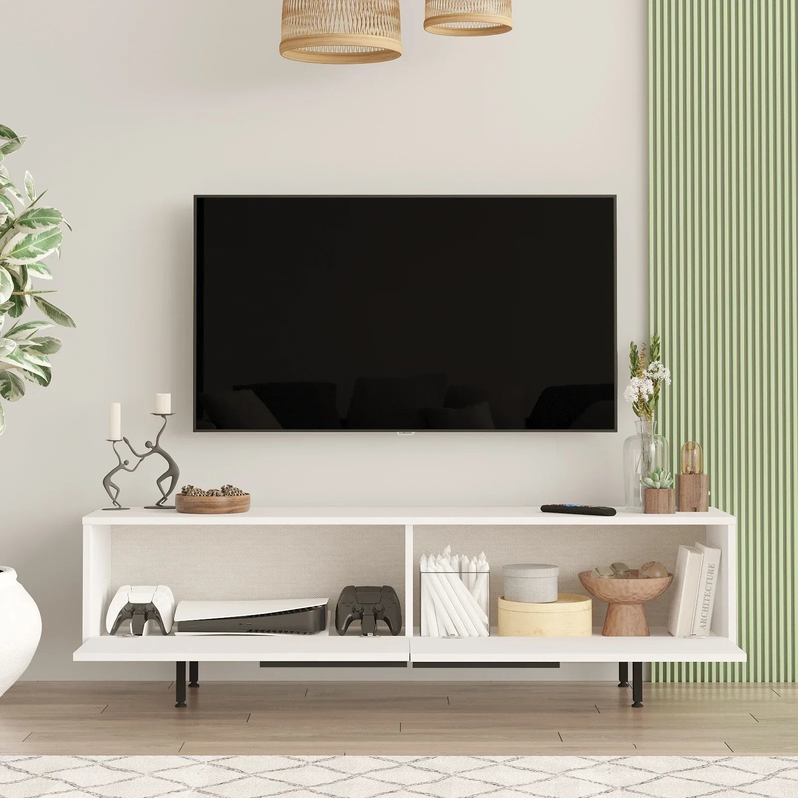 Snowveil TV Console open in a bright interior
