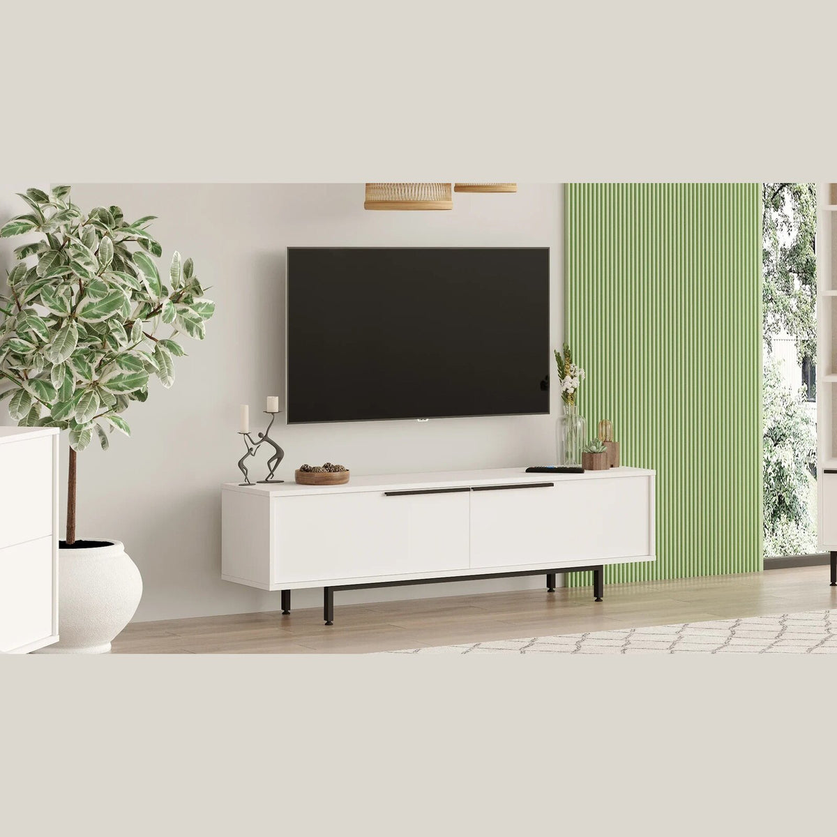Snowveil TV Console in a wide bright room setting