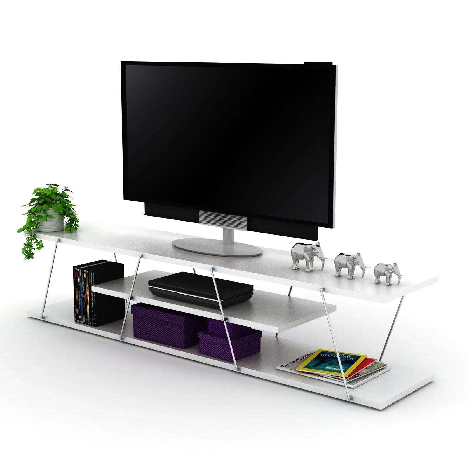 Tars TV Unit in white and chrome, angled styled view