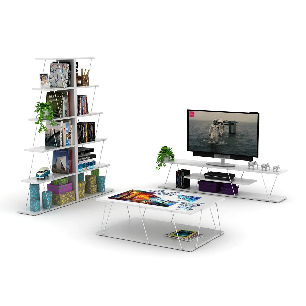 White and chrome Tars TV Unit with coordinating furniture