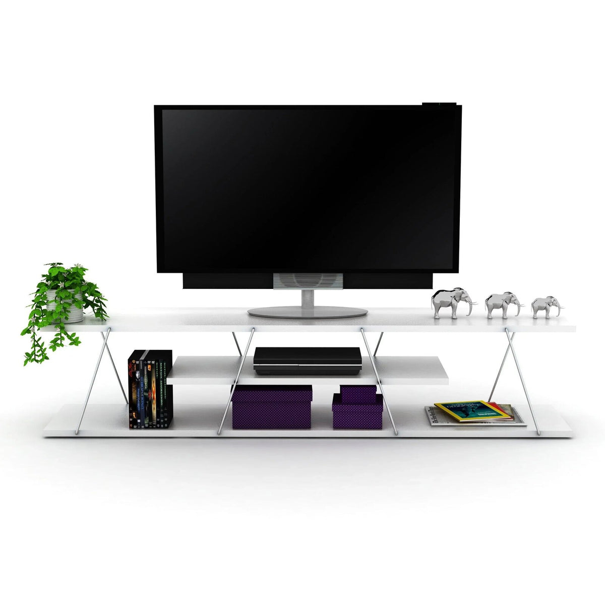 Tars TV Unit in white and chrome, front styled view