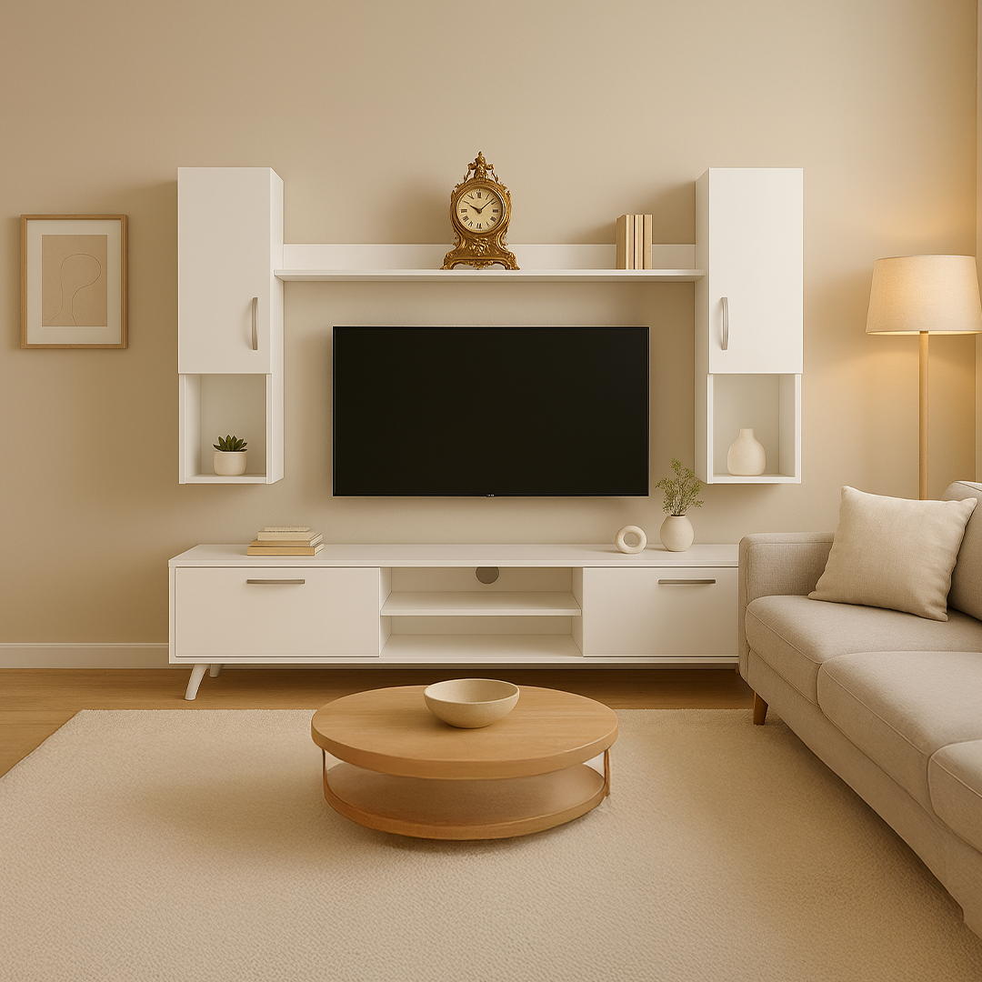 Home Canvas Modern Design Tv Unit with Wall Mounted Shelf | Easy to Assemble Wooden Legs Tv Stand with Bookshelf Up to 65 Inch TV - White
