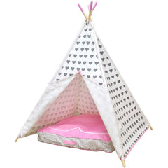 Home Canvas Furniture Trading LLC.Cotton Canvas Teepee Play Tent 4 walls heart pattern- Grey/Pink Play House 