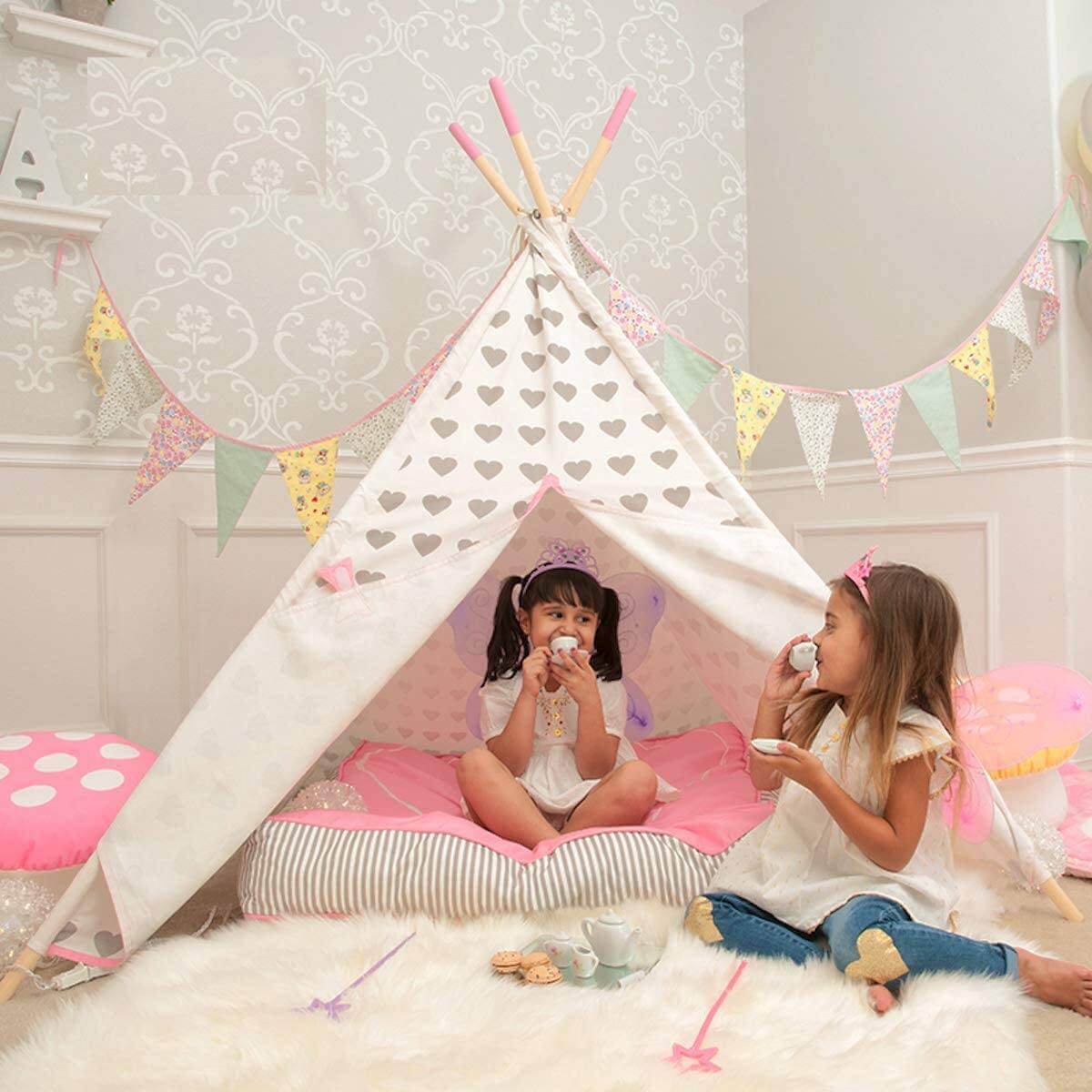 Home Canvas Furniture Trading LLC.Cotton Canvas Teepee Play Tent 4 walls heart pattern- Grey/Pink Play House 