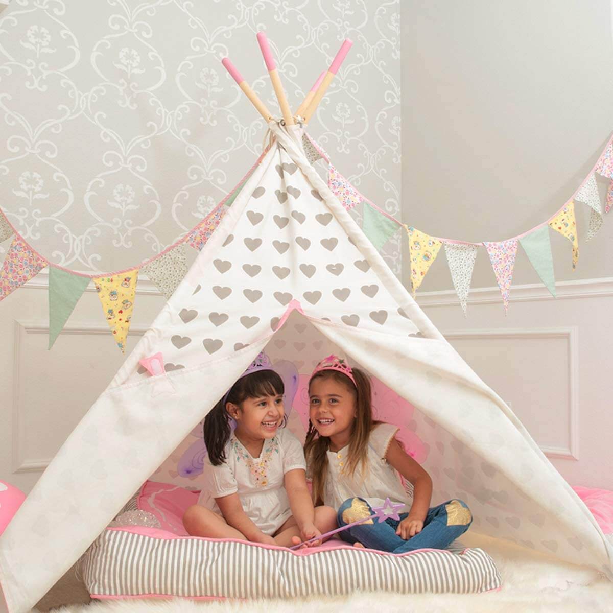 Home Canvas Furniture Trading LLC.Cotton Canvas Teepee Play Tent 4 walls heart pattern- Grey/Pink Play House 